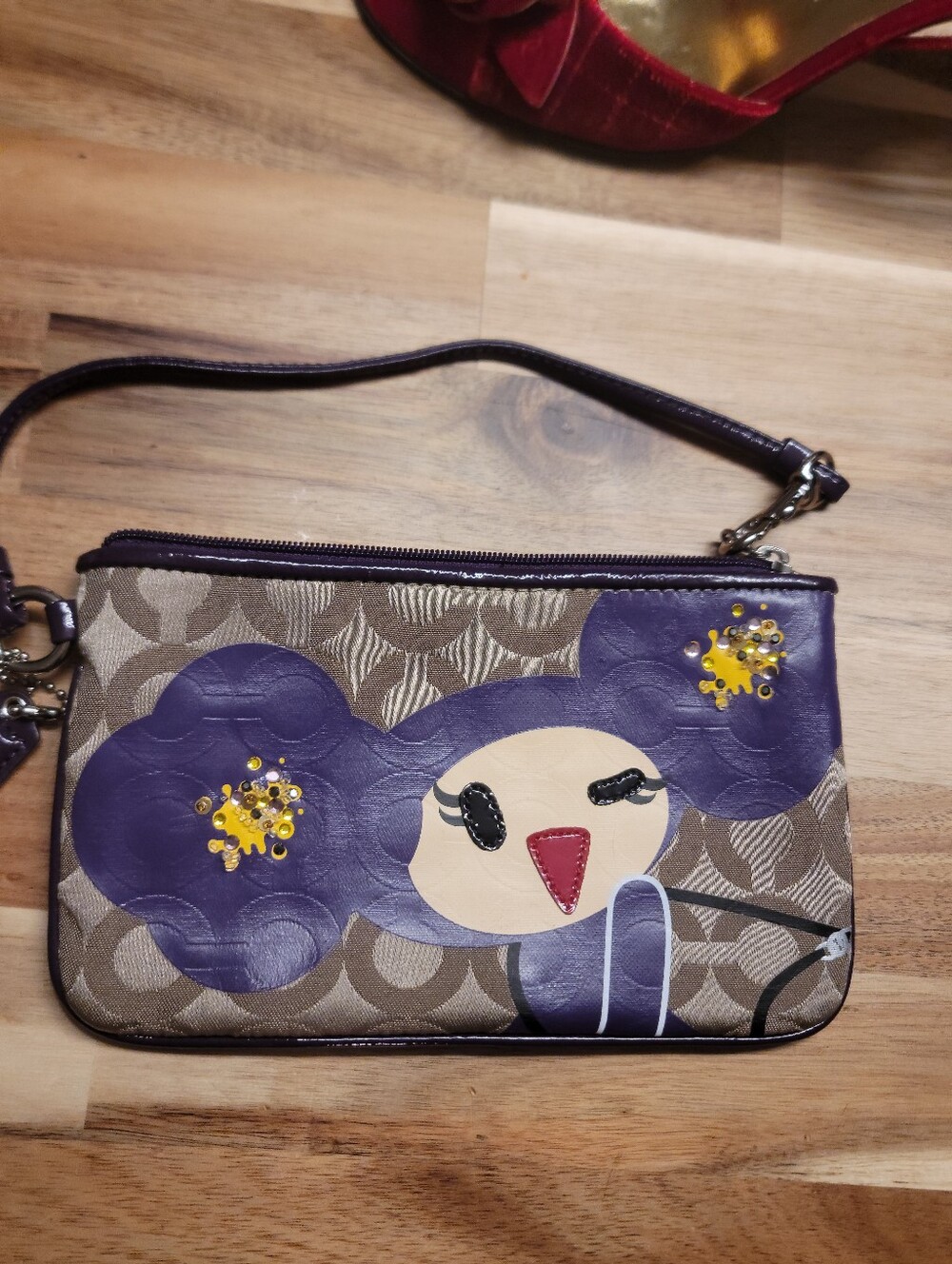Coach Purple Floral Character Zip Wristlet